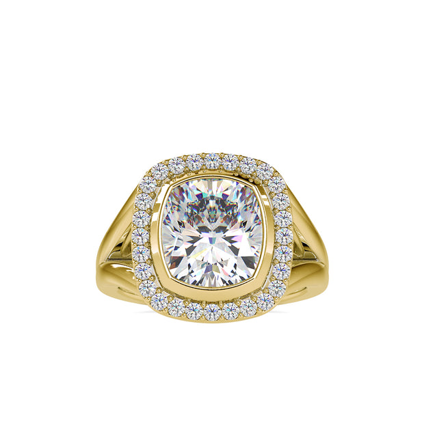 6.26Ct Cushion Bezel Halo Lab-Grown Diamond Gold Ring