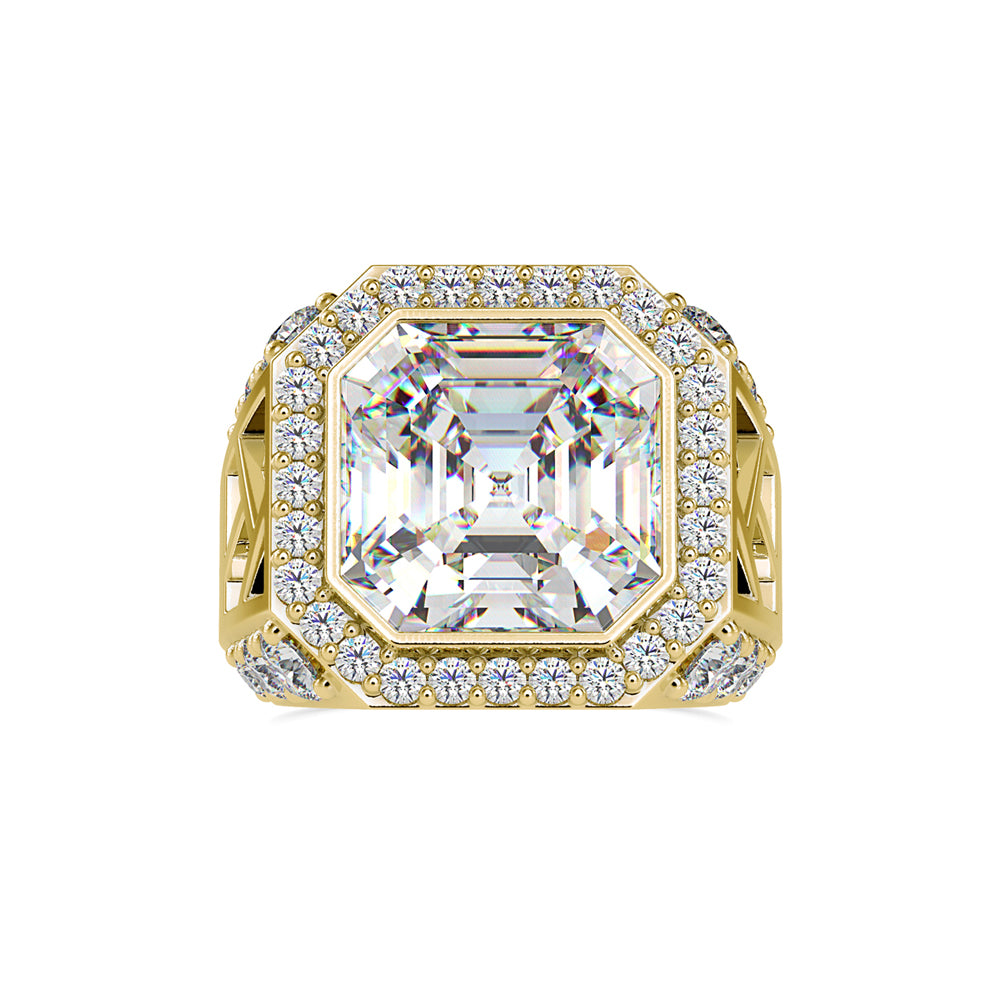 14.03Ct Emerald Cut Bezel Halo Lab-Grown Diamond Gold Ring