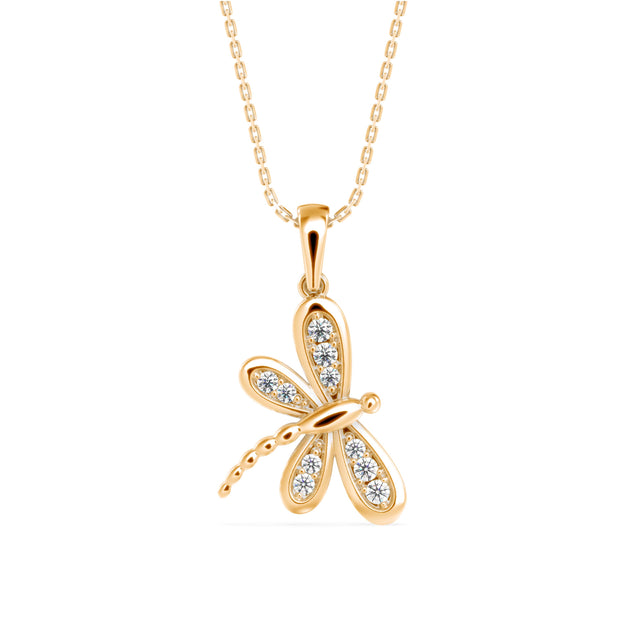 0.14Ct Dragonfly Shape Prong Lab-Grown Diamond Gold Pendant Necklace
