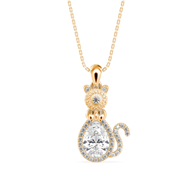 2.00Ct Cat Shape Pear Halo Lab-Grown Diamond Gold Pendant Necklace