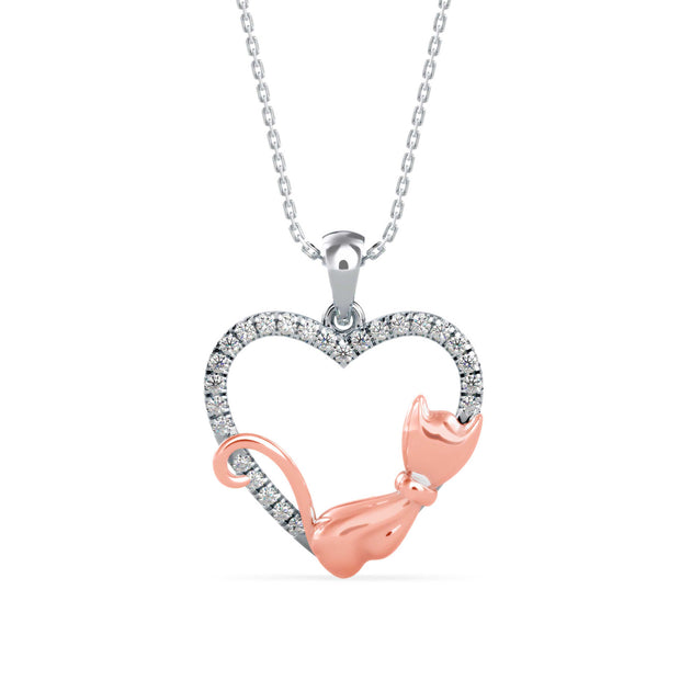 0.21Ct Two Tone Heart Cat Shape Lab-Grown Diamond Gold Pendant Necklace