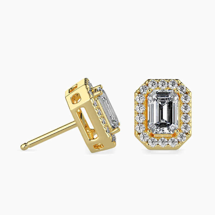 Emerald Halo Lab-Grown Diamond Gold Stud Earrings