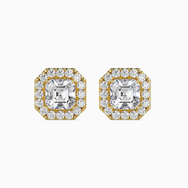 Asscher Halo Lab-Grown Diamond Gold Stud Earrings