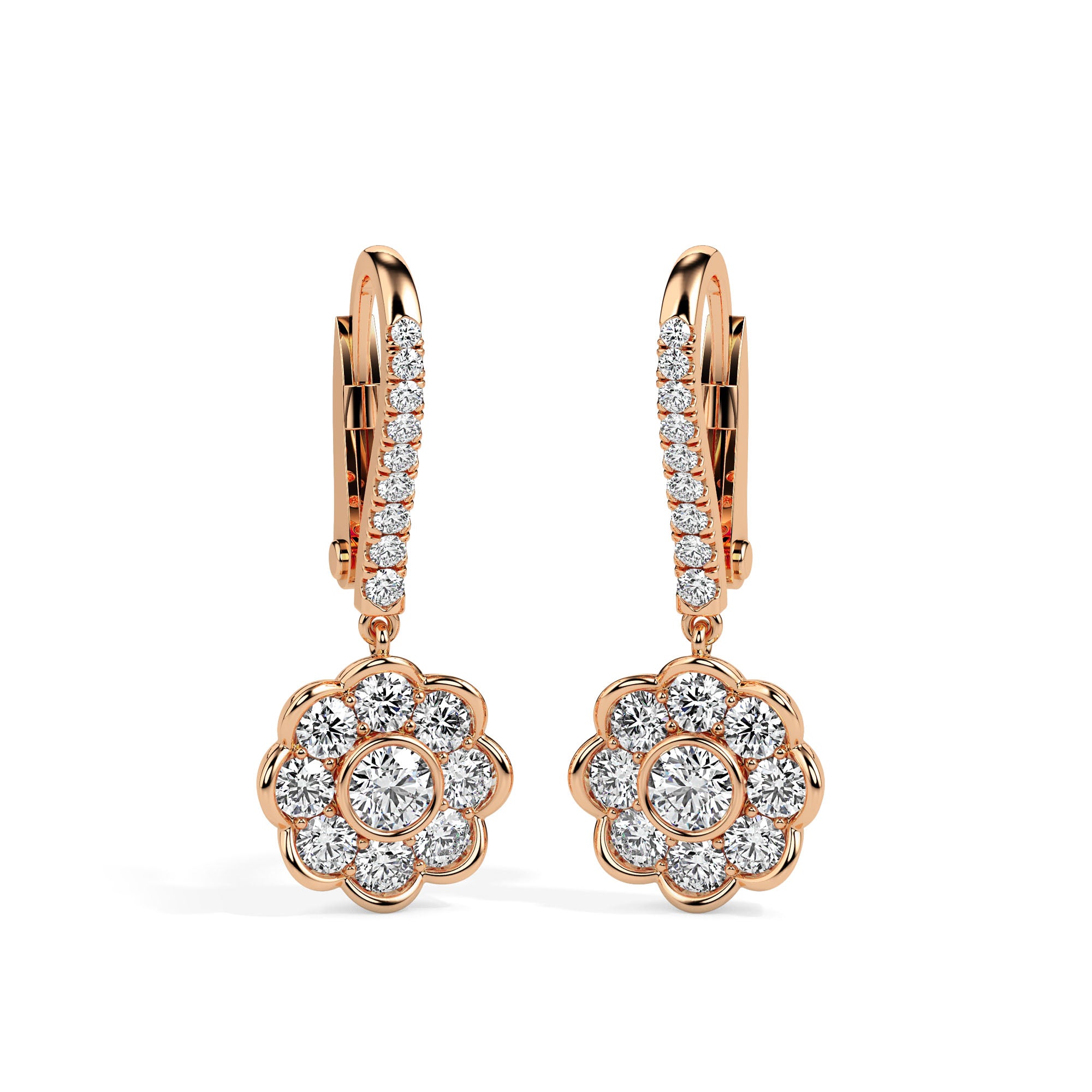 0.97Ct Floral Bezel Set Lab-Grown Diamond Gold Hoop Drop Earrings