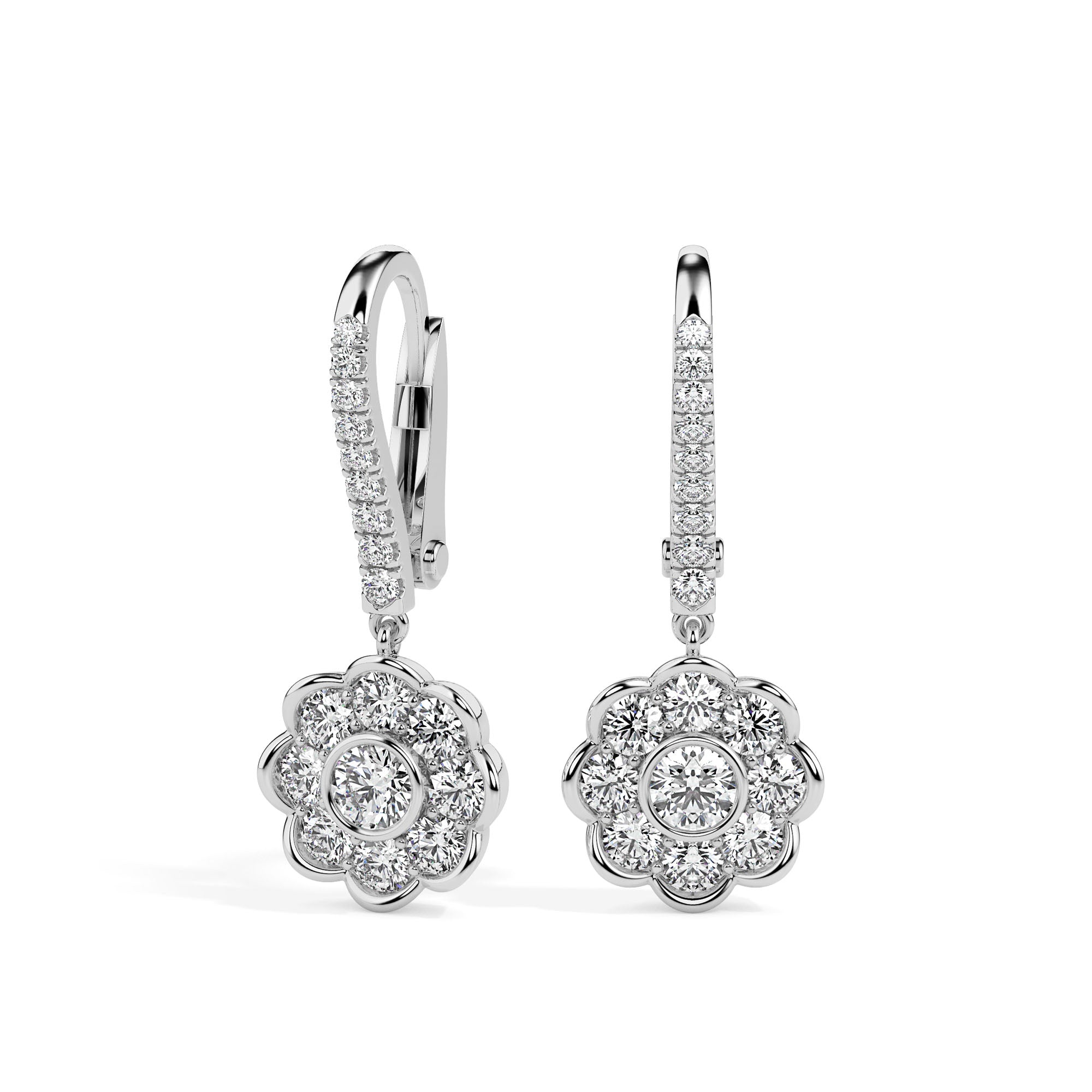 0.97Ct Floral Bezel Set Lab-Grown Diamond Gold Hoop Drop Earrings