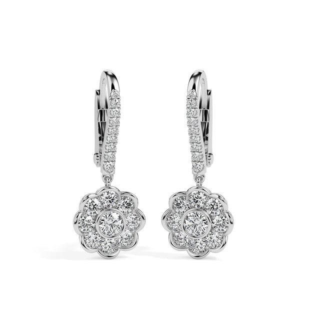 0.97Ct Floral Bezel Set Lab-Grown Diamond Gold Hoop Drop Earrings