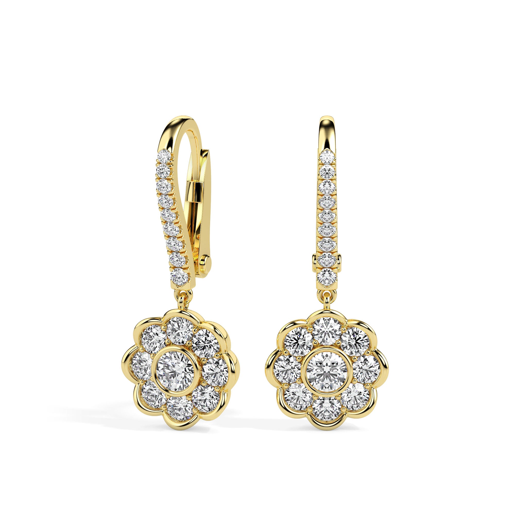 0.97Ct Floral Bezel Set Lab-Grown Diamond Gold Hoop Drop Earrings