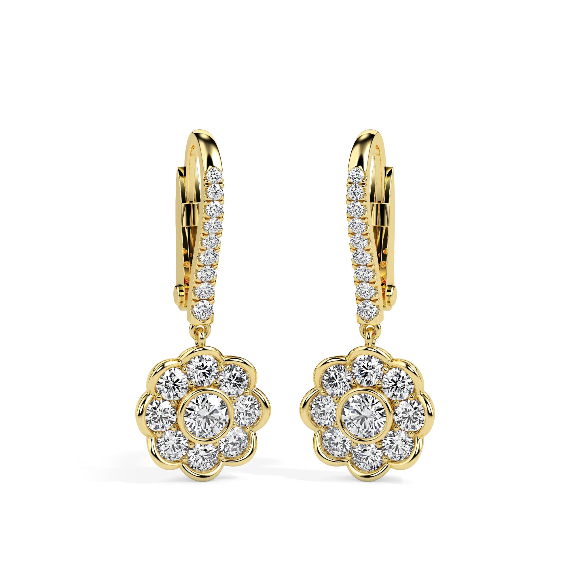 0.97Ct Floral Bezel Set Lab-Grown Diamond Gold Hoop Drop Earrings