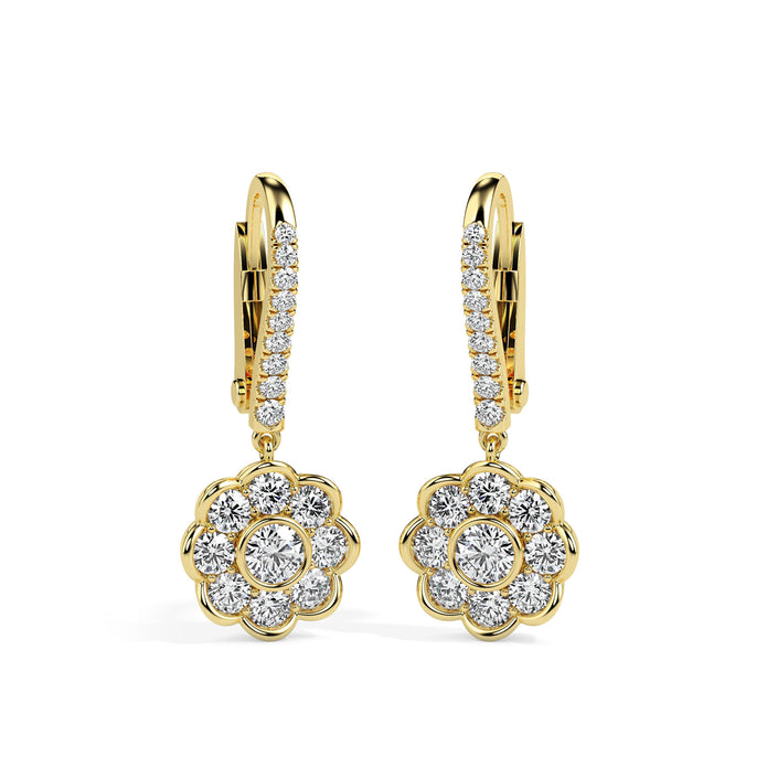 0.97Ct Floral Bezel Set Lab-Grown Diamond Gold Hoop Drop Earrings