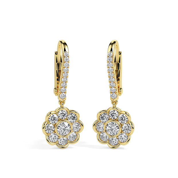 0.97Ct Floral Bezel Set Lab-Grown Diamond Gold Hoop Drop Earrings