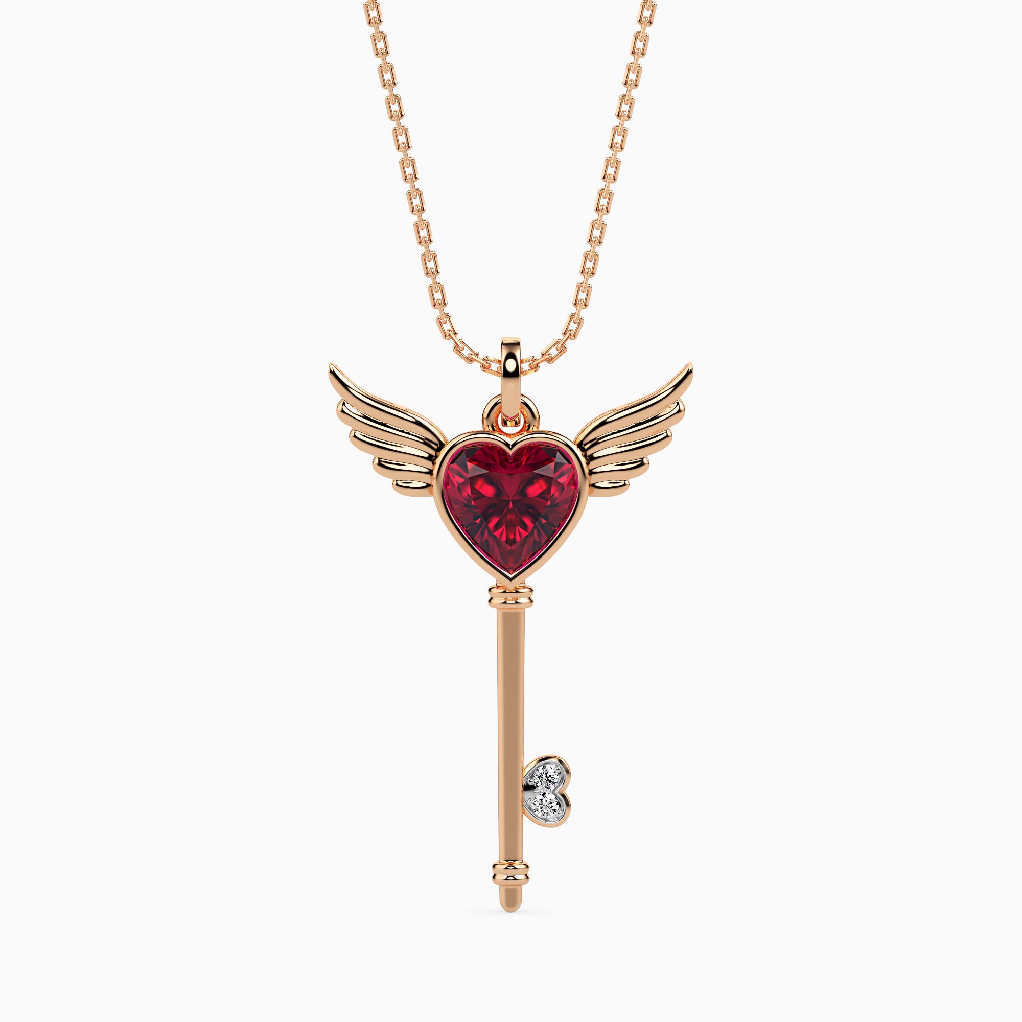 0.99Ct Winged Red Heart Key Lab-Grown Diamond Gold Pendant Necklace