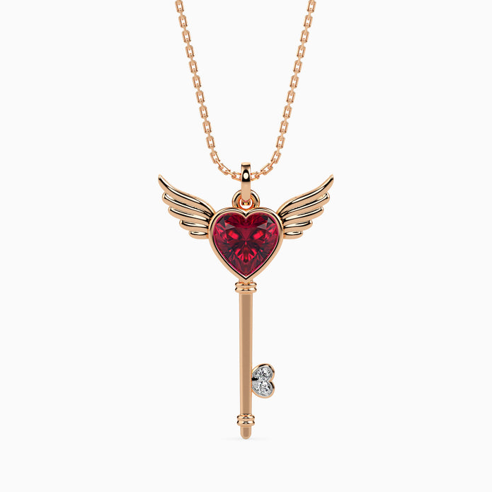 0.99Ct Winged Red Heart Key Lab-Grown Diamond Gold Pendant Necklace