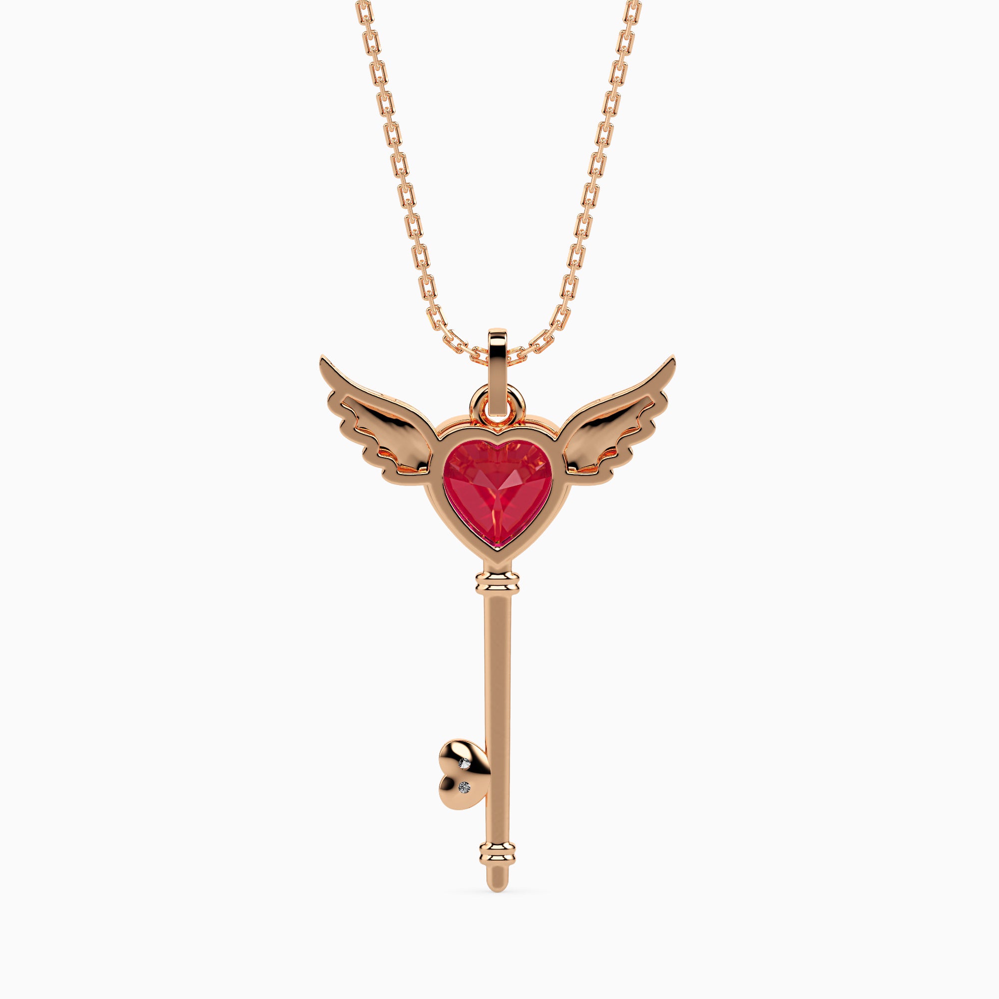 0.99Ct Winged Red Heart Key Lab-Grown Diamond Gold Pendant Necklace