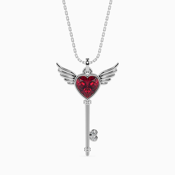 0.99Ct Winged Red Heart Key Lab-Grown Diamond Gold Pendant Necklace