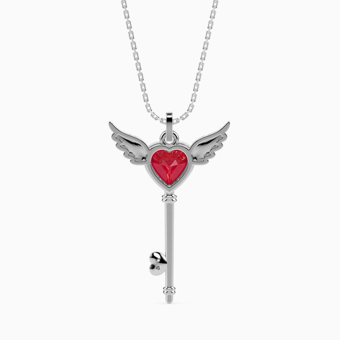 0.99Ct Winged Red Heart Key Lab-Grown Diamond Gold Pendant Necklace