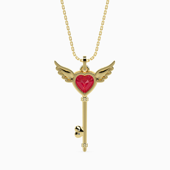 0.99Ct Winged Red Heart Key Lab-Grown Diamond Gold Pendant Necklace