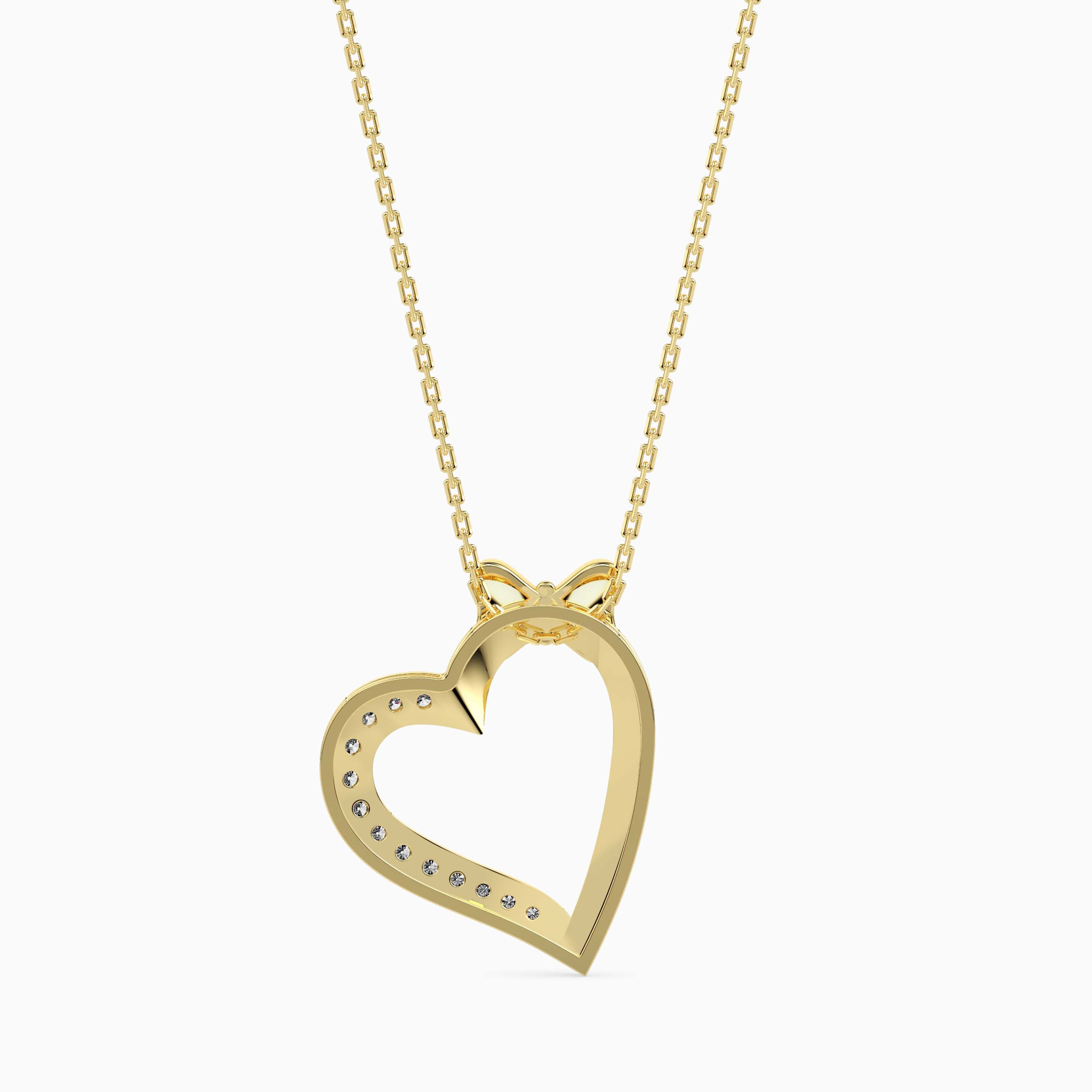 0.10Ct Bow Design Micro Pave Heart Lab-Grown Diamond Gold Pendant Necklace
