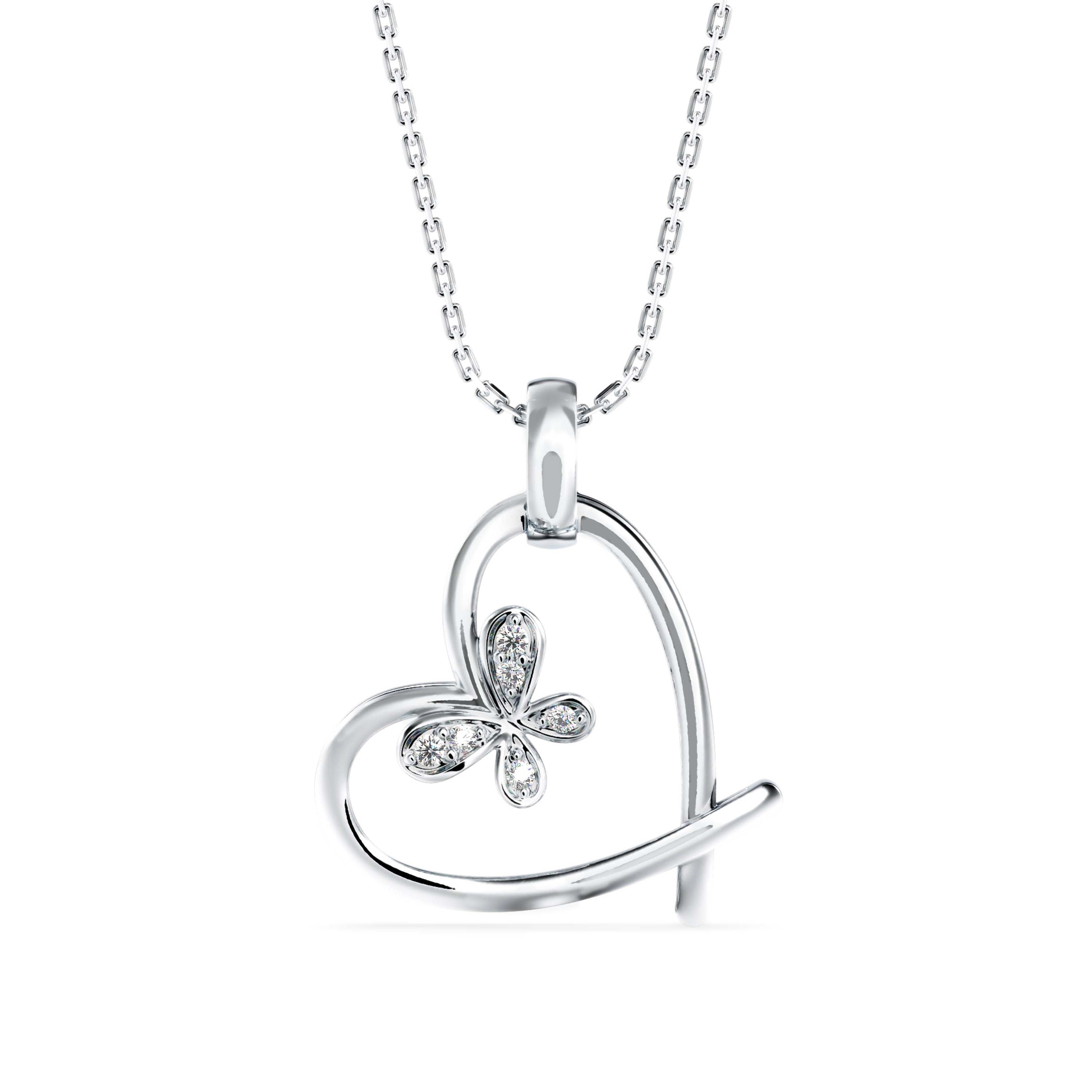 butterfly heart shape diamond necklace in white gold