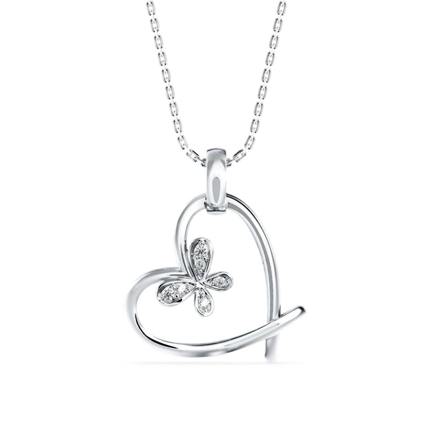 butterfly heart shape diamond necklace in white gold