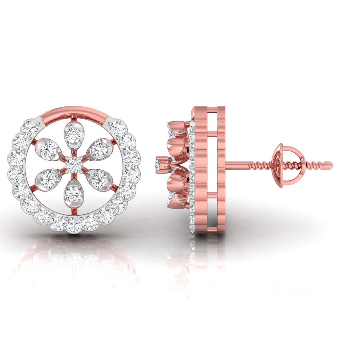 floral round diamond stud earrings in rose gold