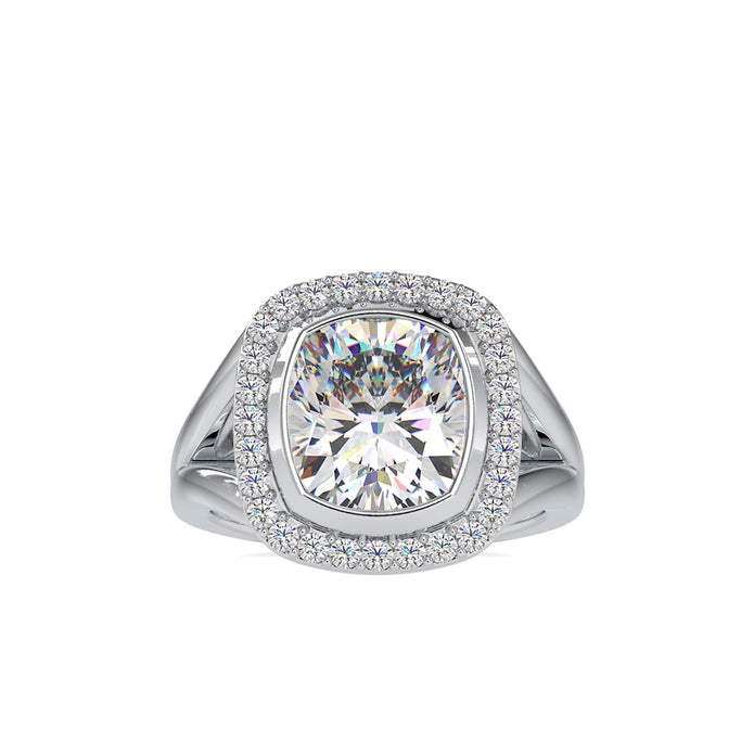 cushion bezel halo lab-grown diamond ring in white gold