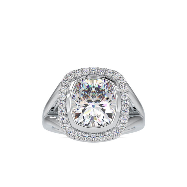 cushion bezel halo lab-grown diamond ring in white gold
