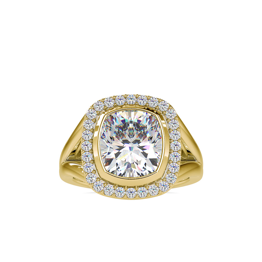 cushion bezel halo lab-grown diamond ring in yellow gold