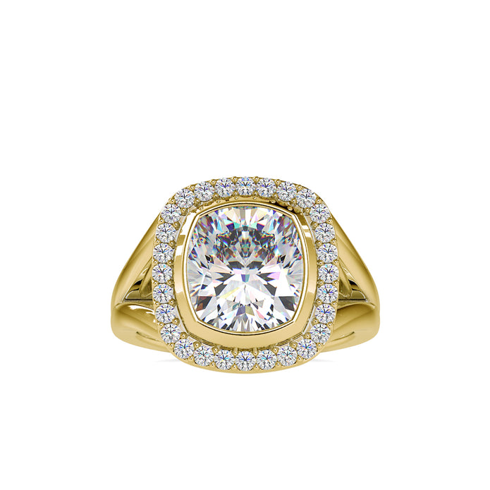 cushion bezel halo lab-grown diamond ring in yellow gold