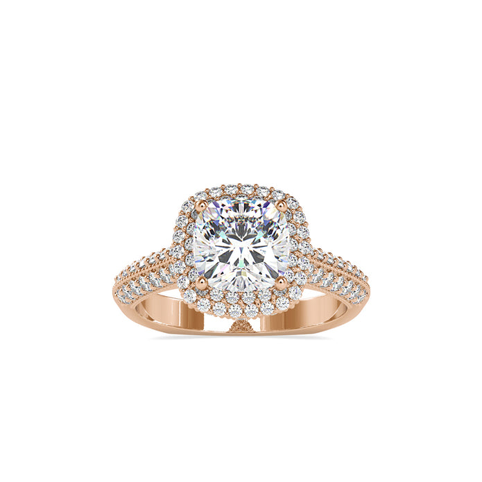 cushion cut double halo lab-grown diamond ring in rose gold