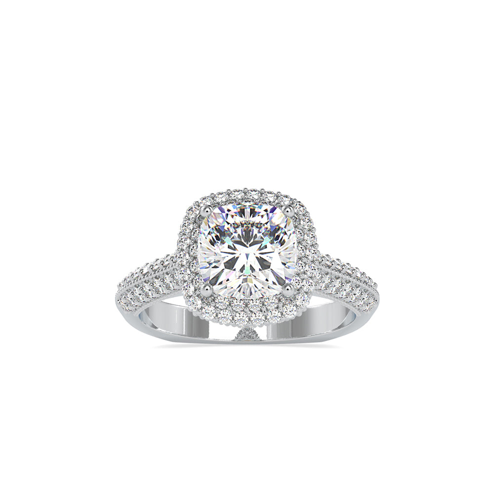 cushion cut double halo lab-grown diamond ring in white gold
