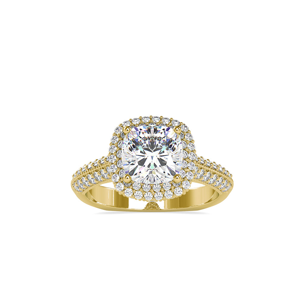 cushion cut double halo lab-grown diamond ring in yellow gold