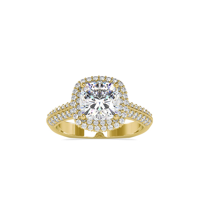 cushion cut double halo lab-grown diamond ring in yellow gold