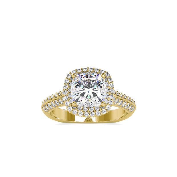cushion cut double halo lab-grown diamond ring in yellow gold