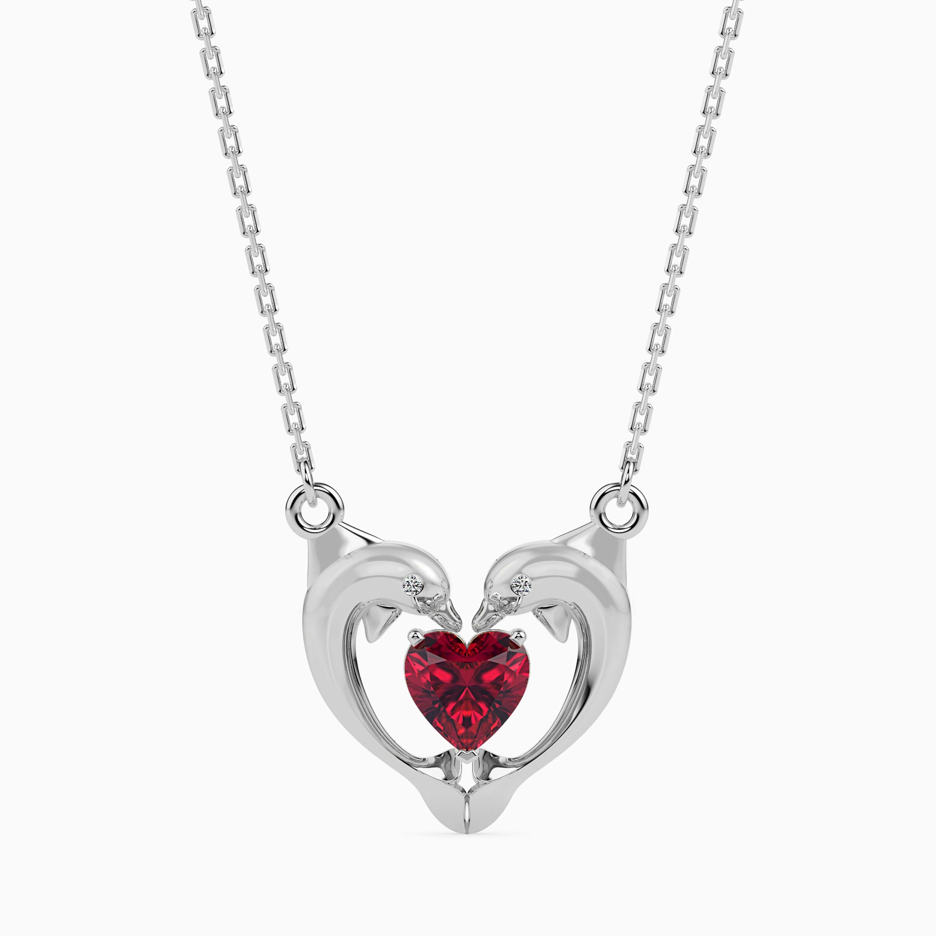 dolphin embrace red heart diamond necklace in white gold