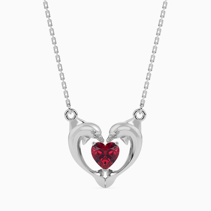 dolphin embrace red heart diamond necklace in white gold
