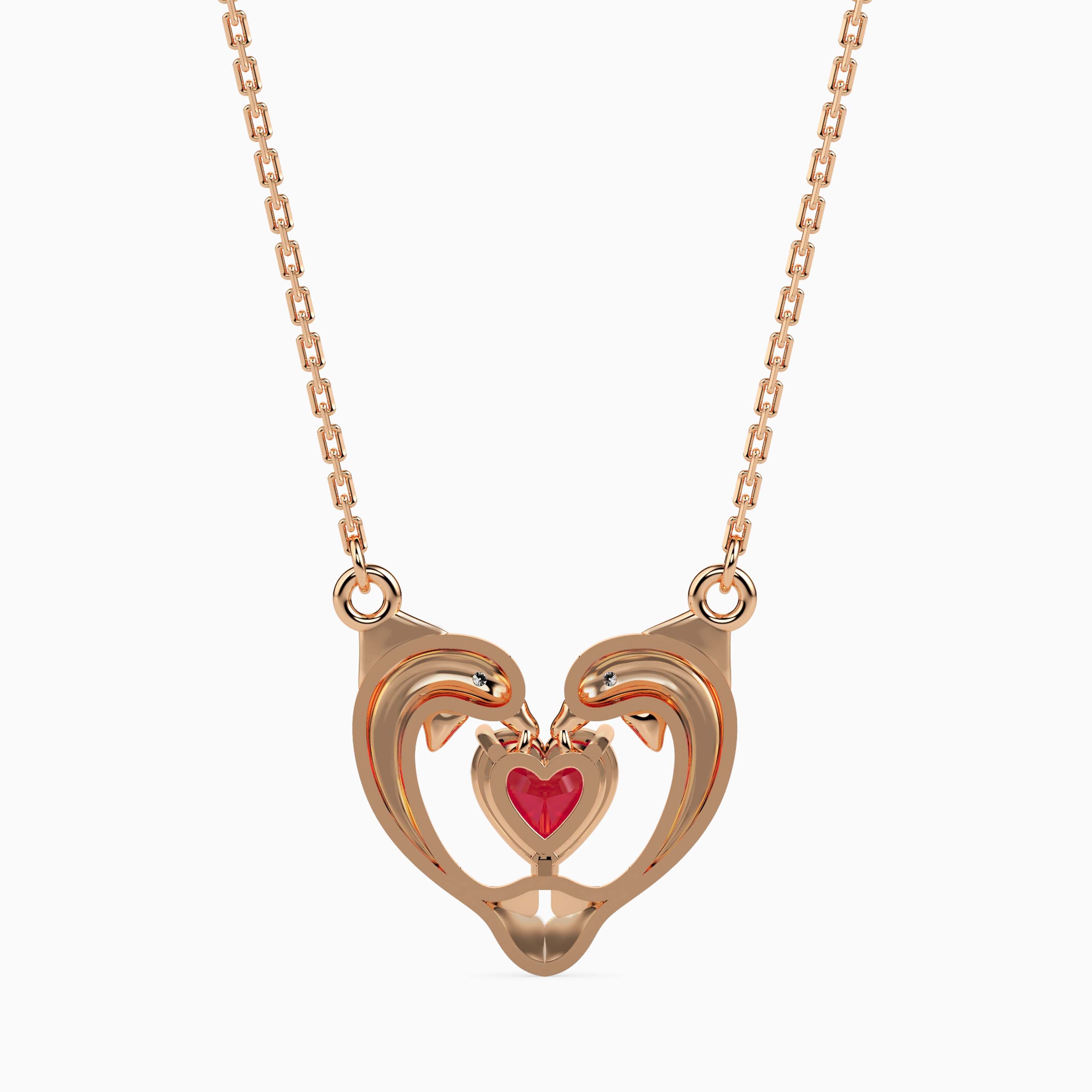 dolphin embrace red heart diamond necklace in rose gold