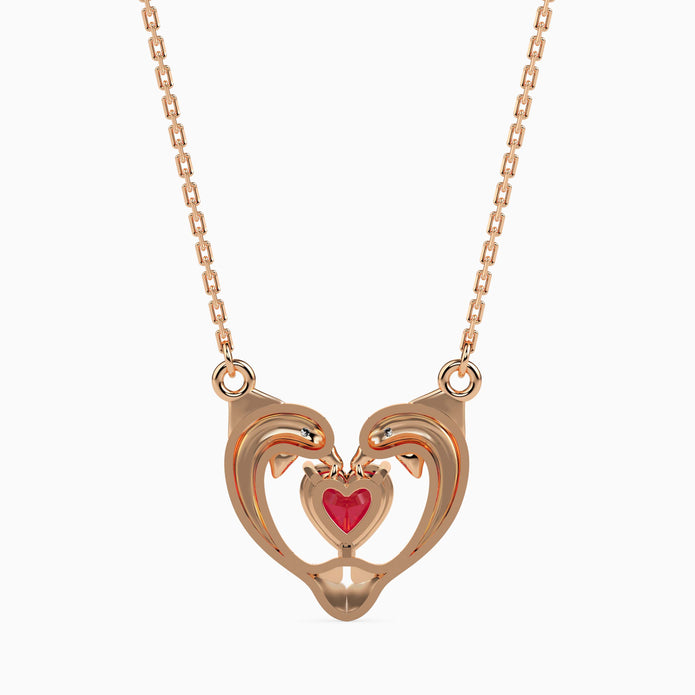 dolphin embrace red heart diamond necklace in rose gold
