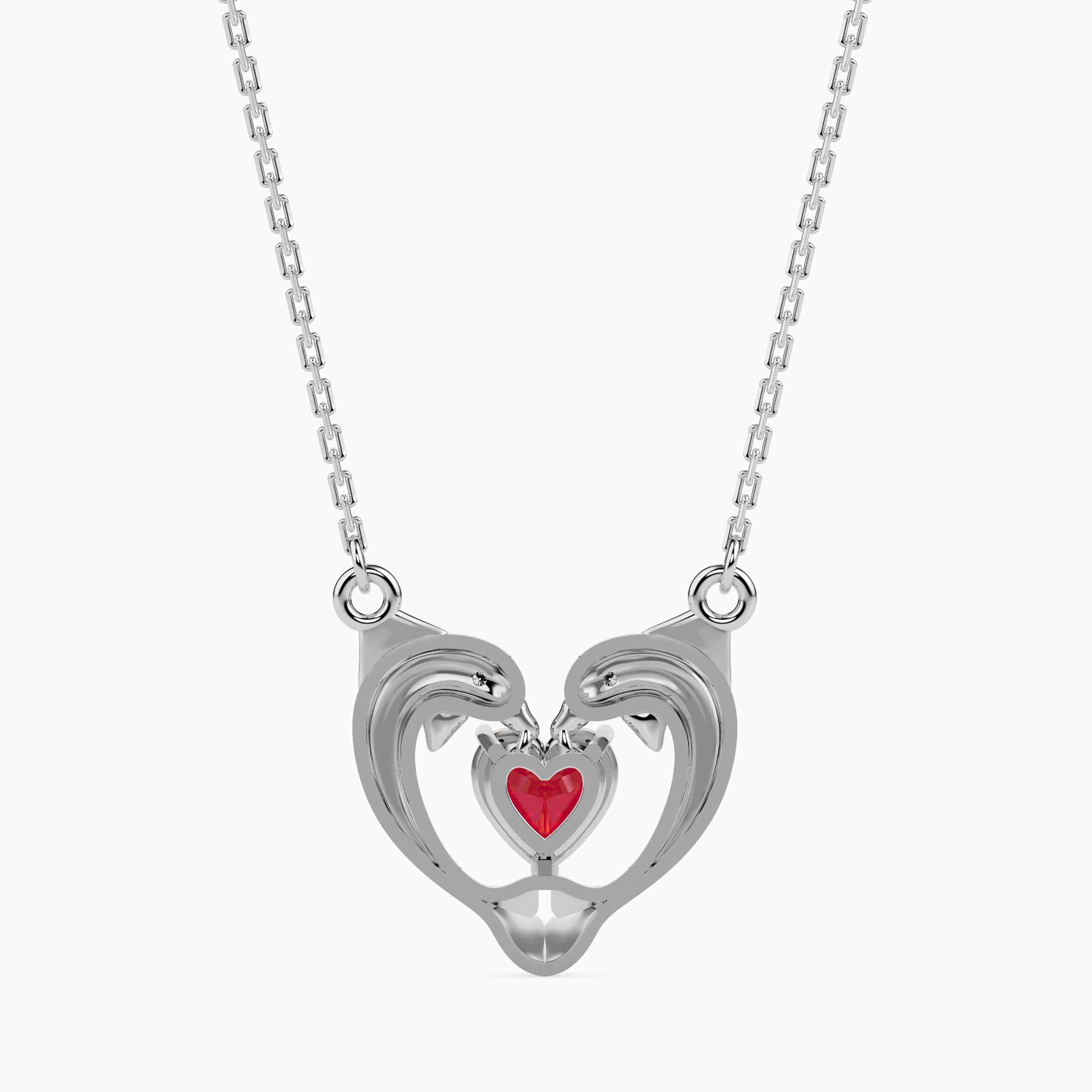 dolphin embrace red heart diamond necklace in white gold