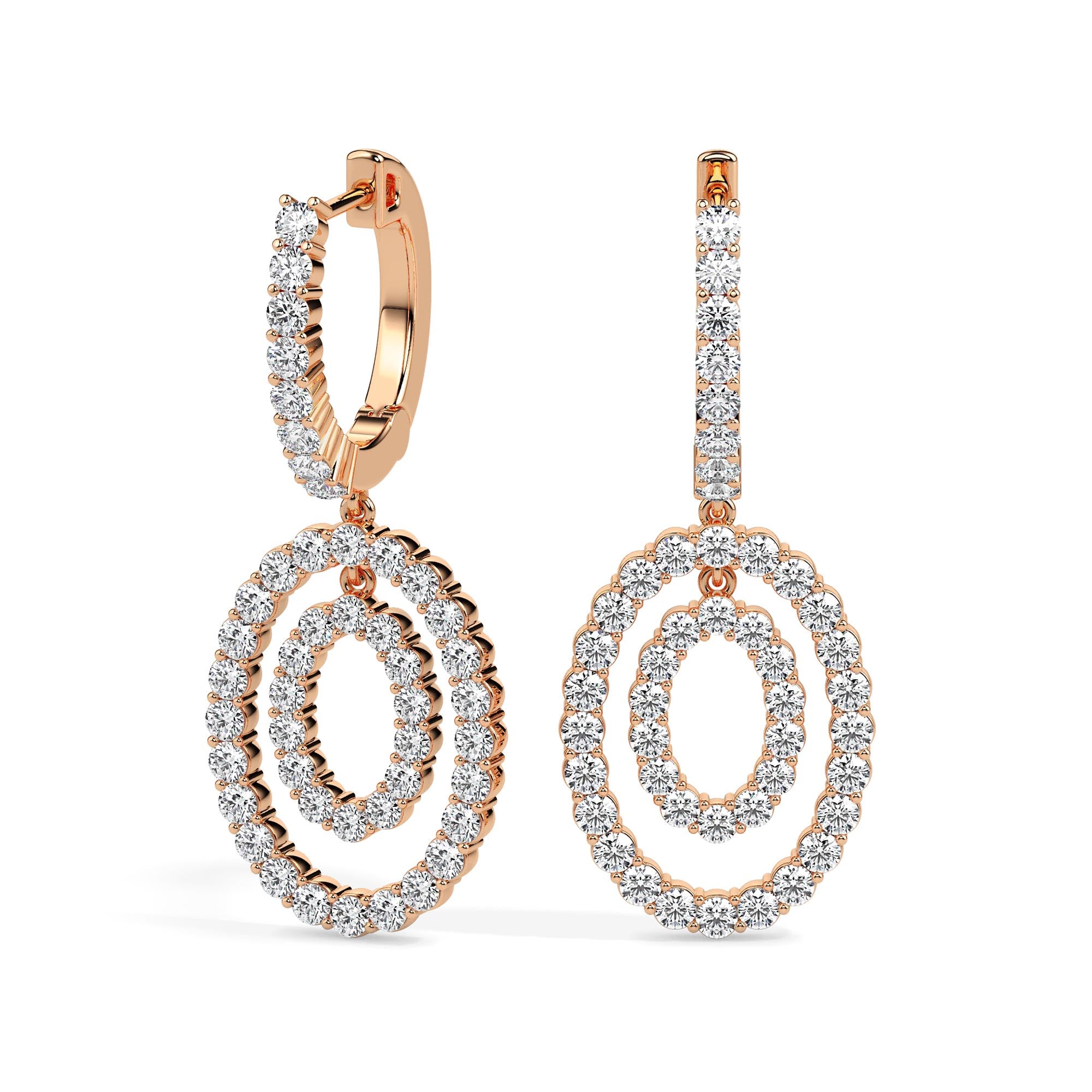 double oval halo diamond hoop earrings in rose gold