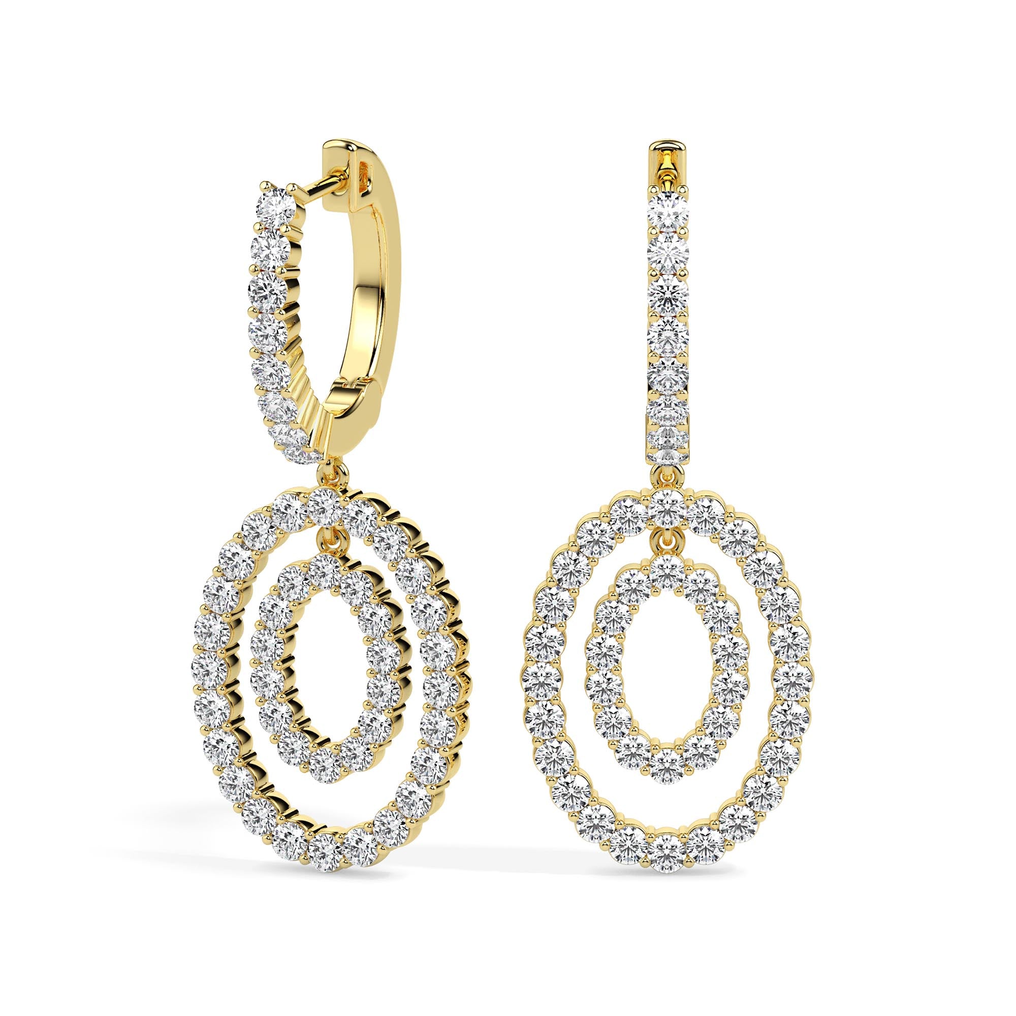 double oval halo diamond hoop earrings in yellow gold