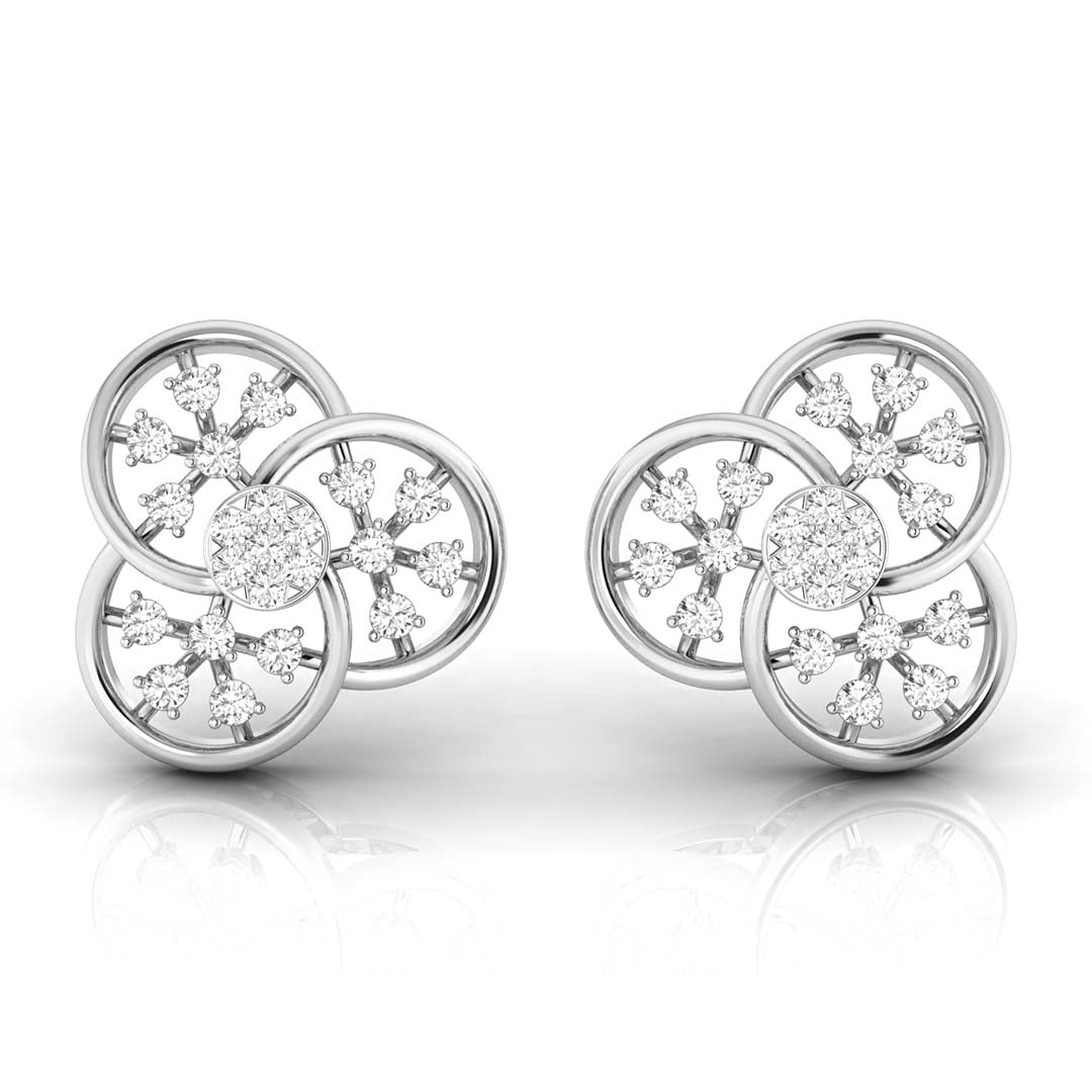 floral round diamond stud earrings in white gold