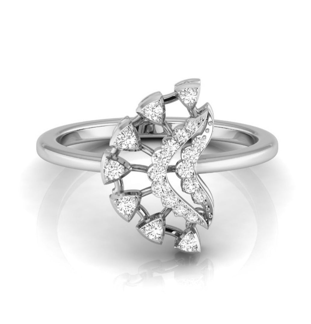 fan shape round cut lab-grown diamond ring in white gold