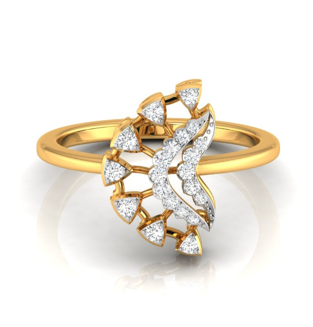 fan shape round cut lab-grown diamond ring in yellow gold