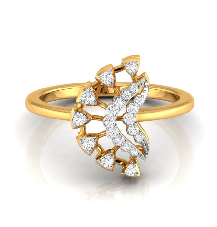 fan shape round cut lab-grown diamond ring in yellow gold