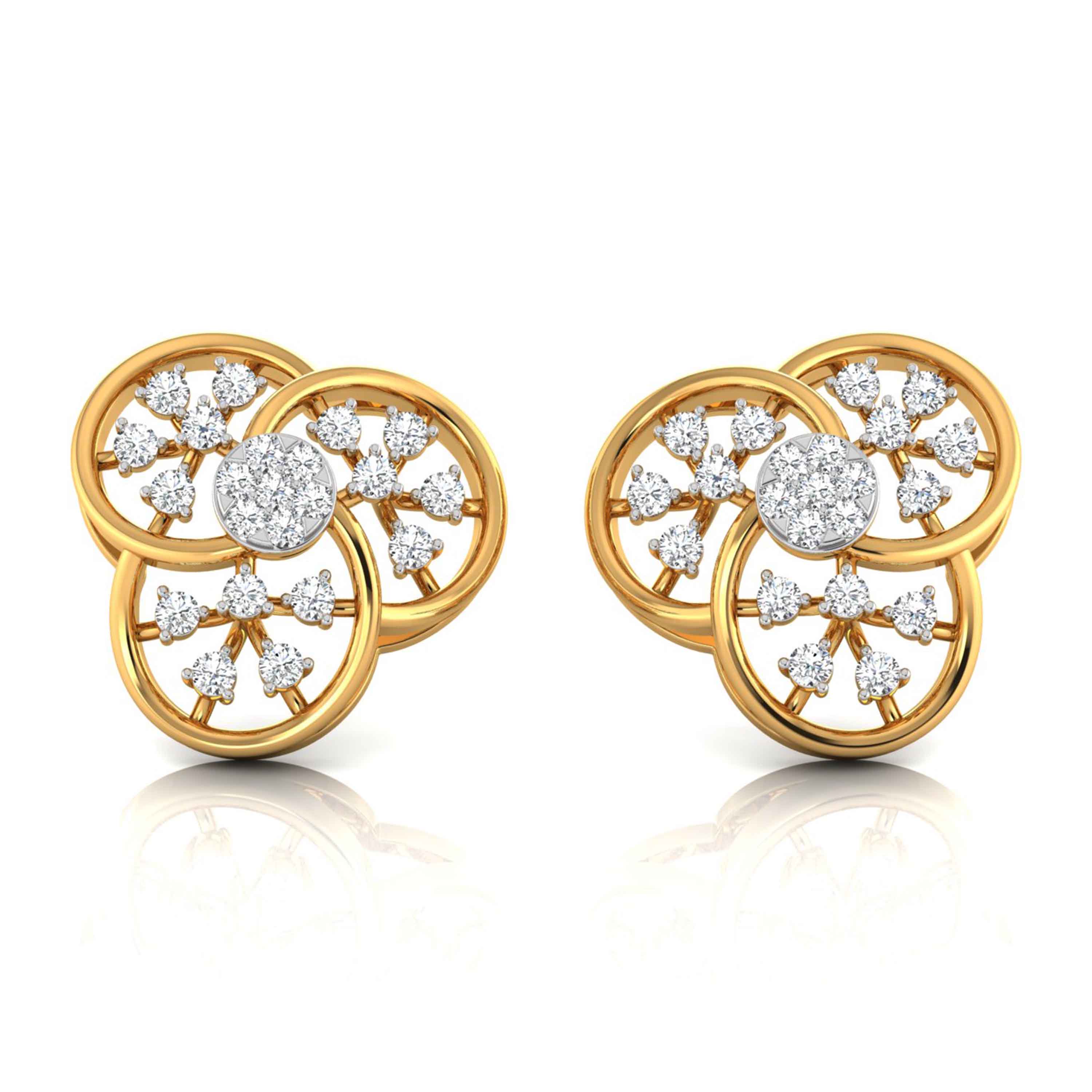 floral round diamond stud earrings in yellow gold