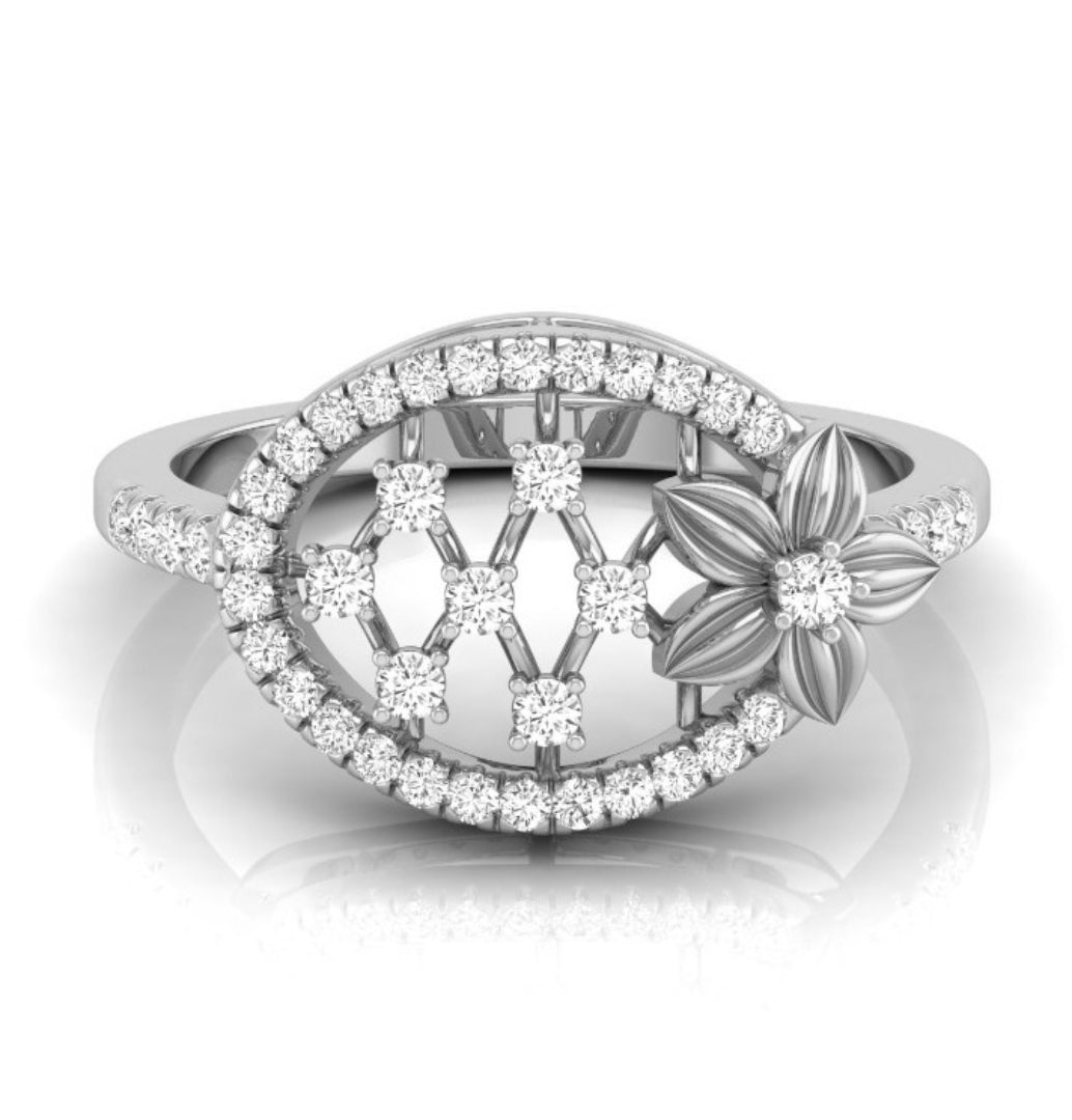 floral oval shape lab-grown diamond ring white gold