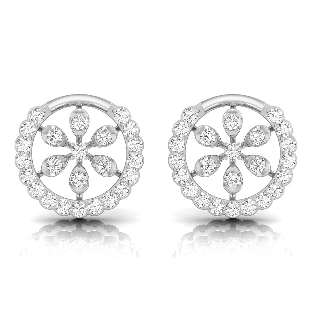 floral round diamond stud earrings in white gold