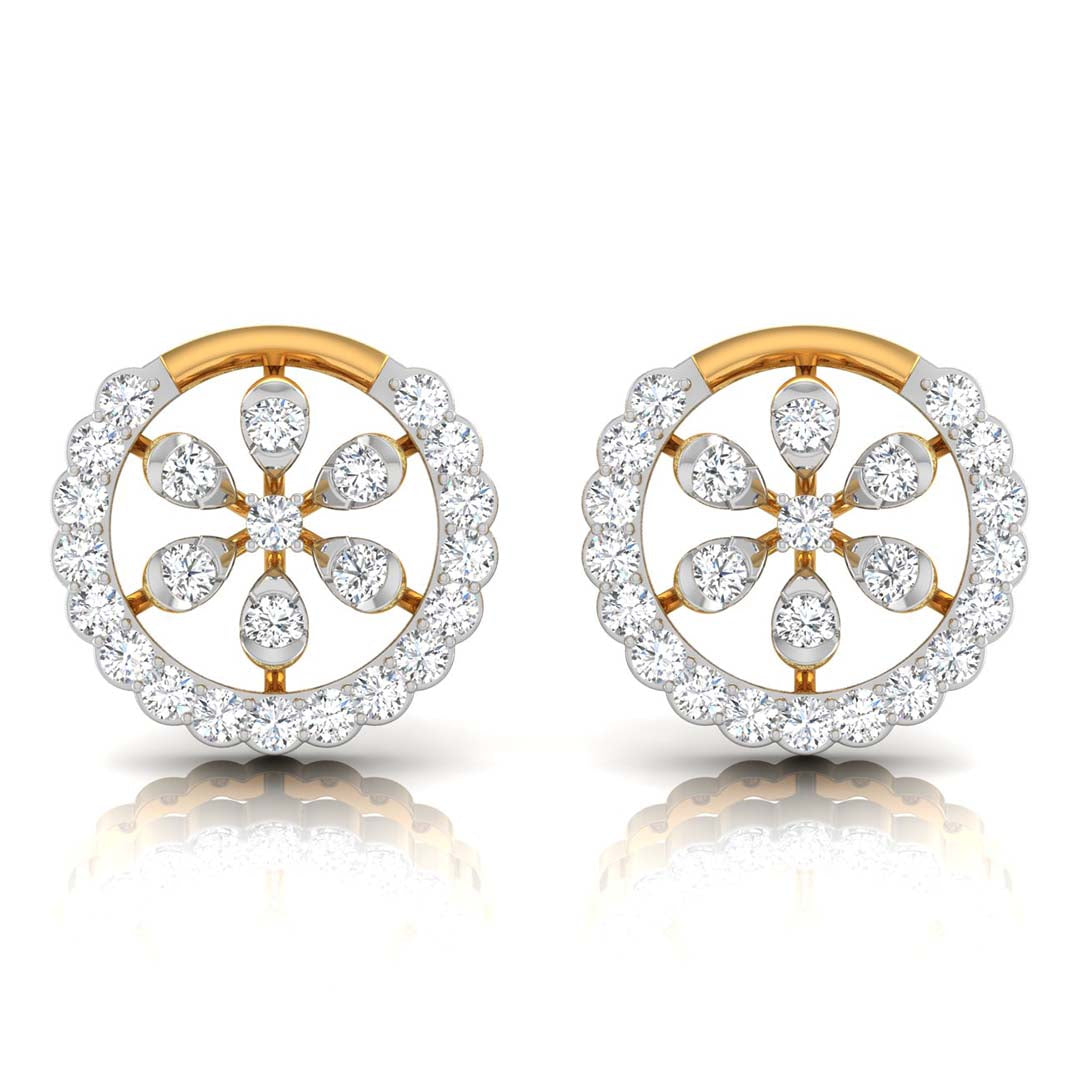 floral round diamond stud earrings in yellow gold