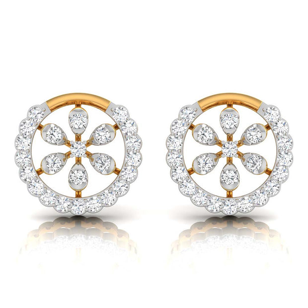 floral round diamond stud earrings in yellow gold