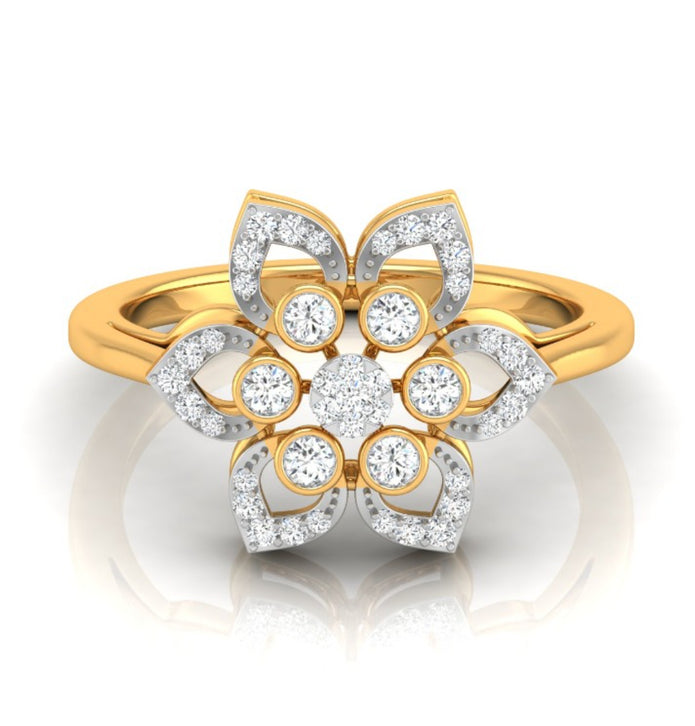 flower style prong set diamond ring in yellow gold
